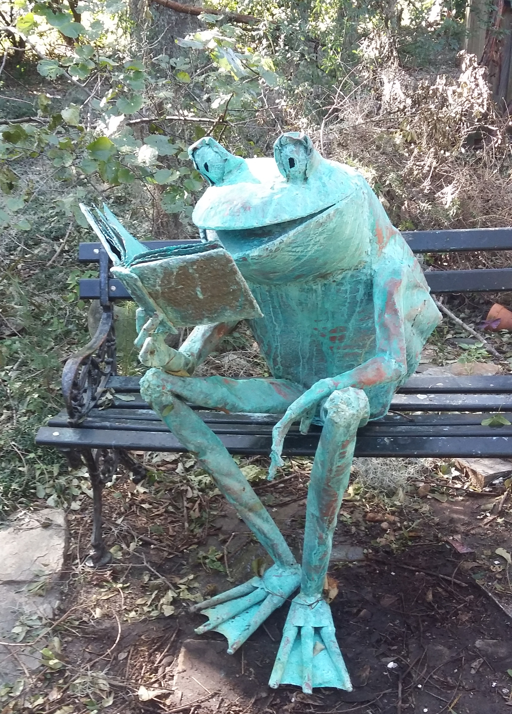 human sized copper frog reading 