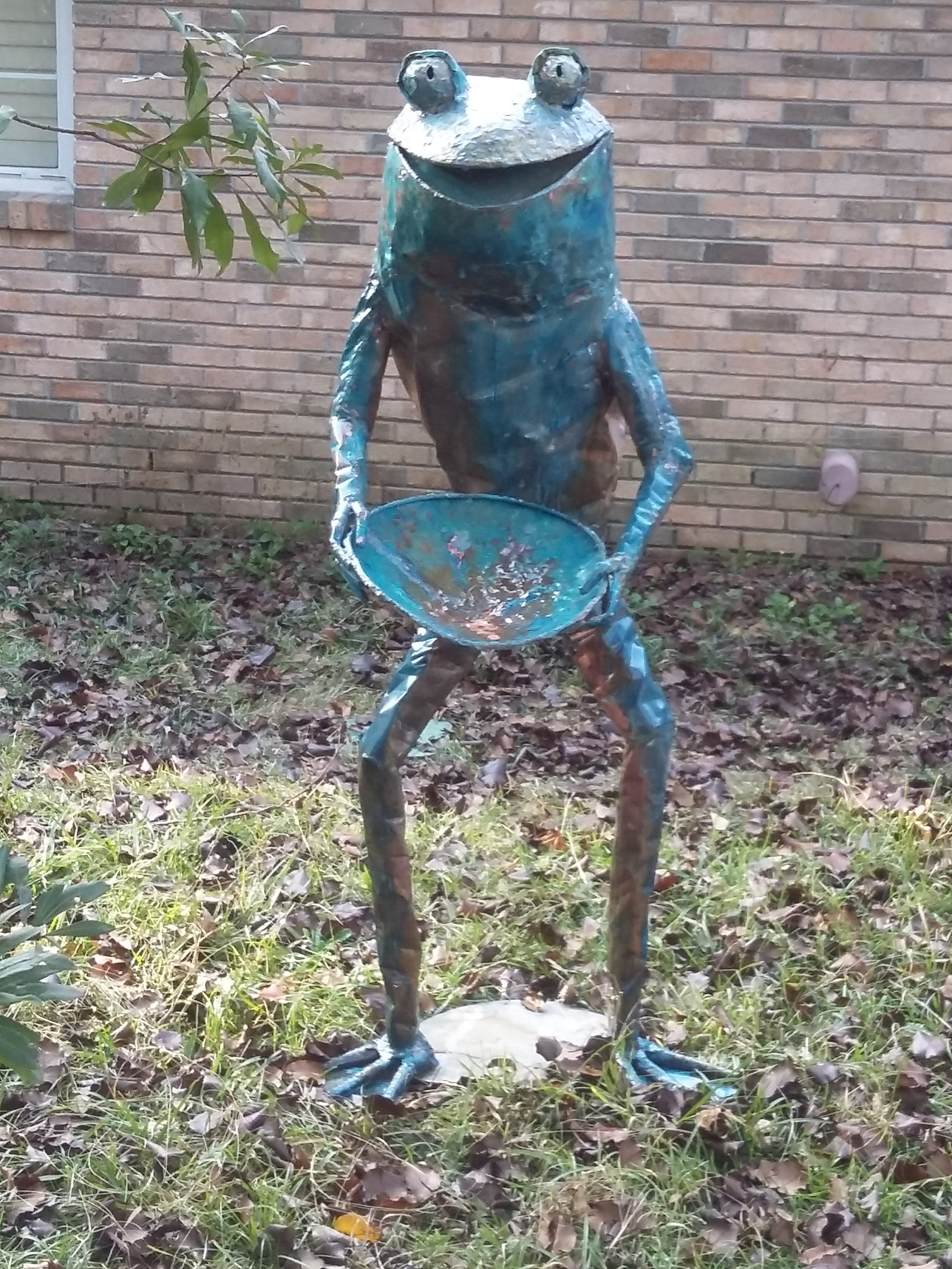 copper frog standing sculpture human sized beau smith 12- 2016