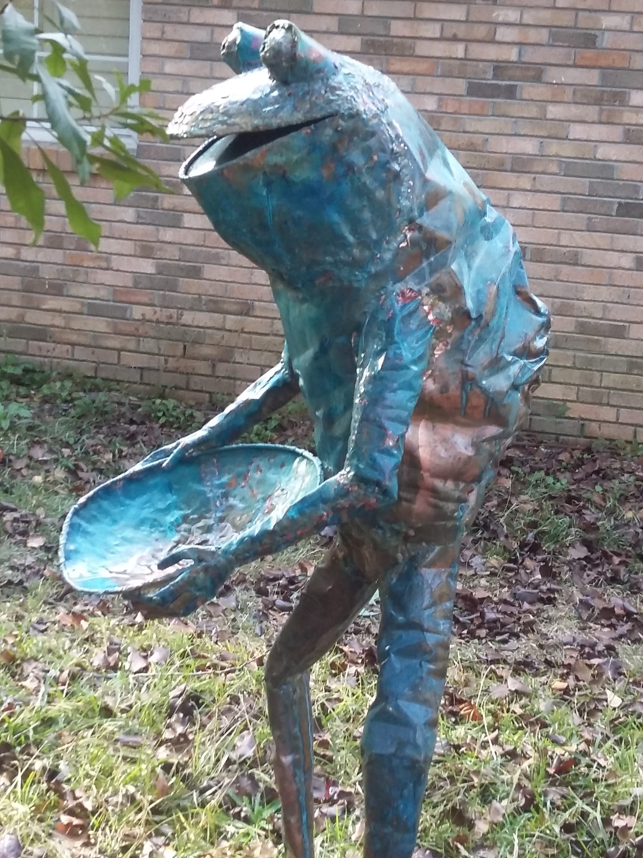 copper frog standing sculpture human sized beau smith 12- 2016